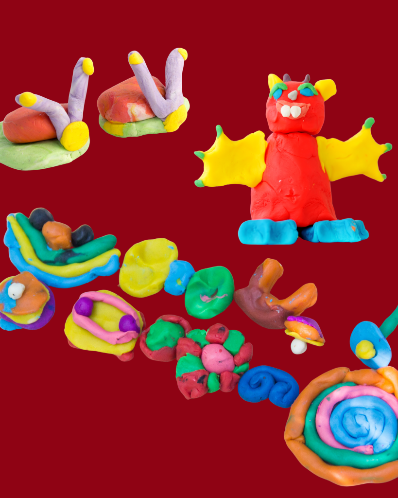 A selection of colorful models made out of plasticene including snails, a monster and some spiral designs.
