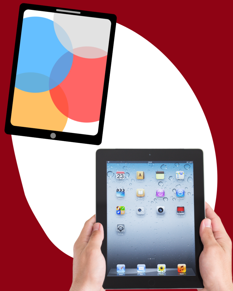 An iPad held in two hands and a iPad with colourful dots on it.