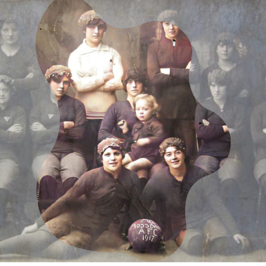 The Mossband Swifts women's football team at H.M. Factory Gretna arranged in three rows. Some of the image has been colourised in a paint splat shape while the rest is in black and white.