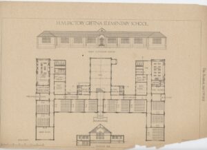 Internal and external architectural plan for "H.M. Factory Gretna Elementary School."