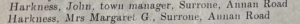 "Harkness, John, town manager, Surrone, Annan Road. Harkness Mrs Margaret G, Surrone, Annan Road."