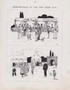 Illustration of people including two people walking a dog and a clown stood in front of a long market stall table labeled "Allied Markets." Underneath this is an illustration of some people wondering around a fete with some tents in the background.