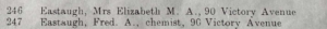 Eastaugh, Mrs Elizabeth M. A. 90 Victoria Avenue. Eastaugh, Fred. A. chemist, 90 Victoria Avenue.