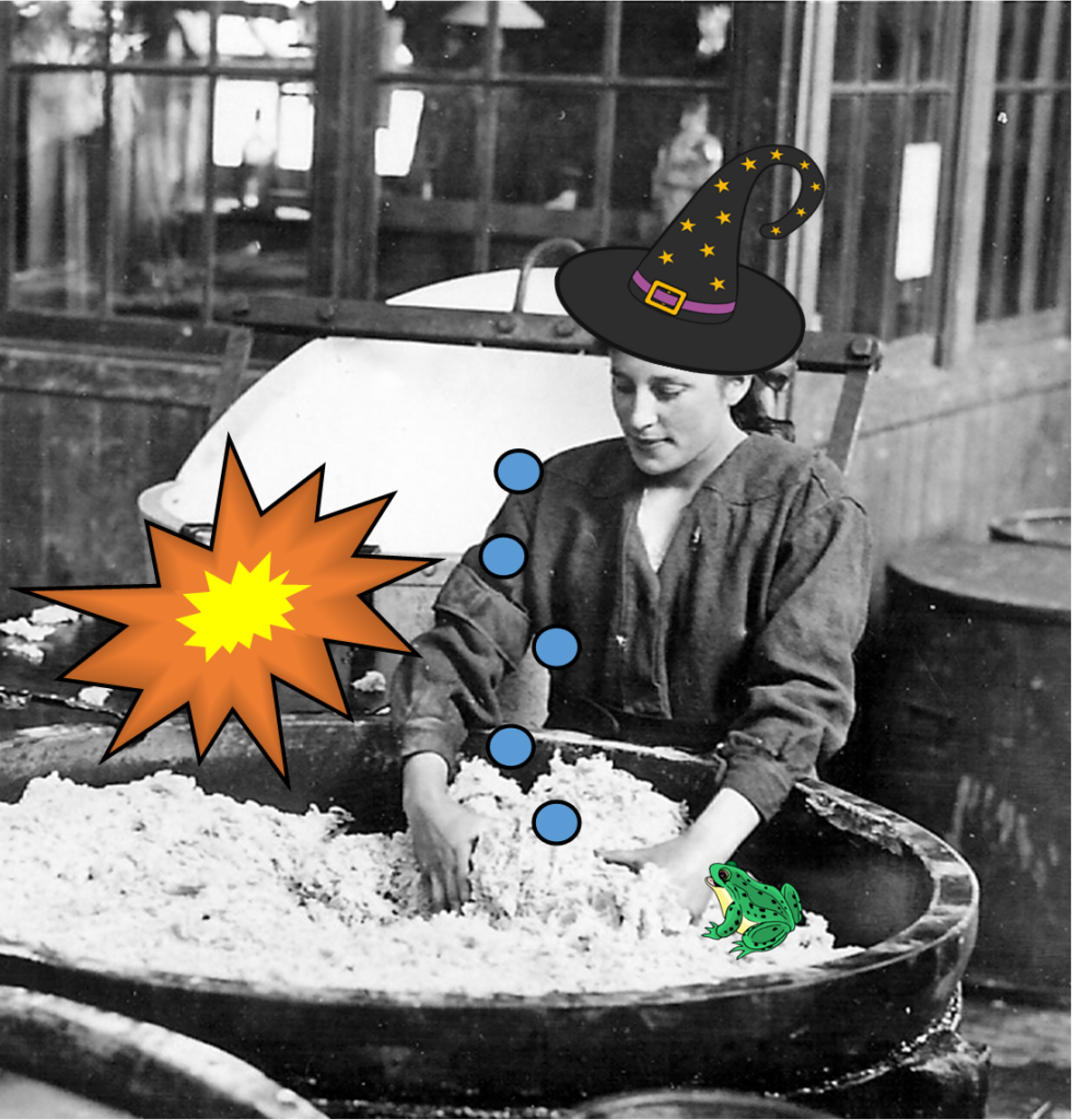A munitions worker mixing Cordite in a nitrating pan with a Witches hat, an explosion, some bubbles and a frog cartoon.